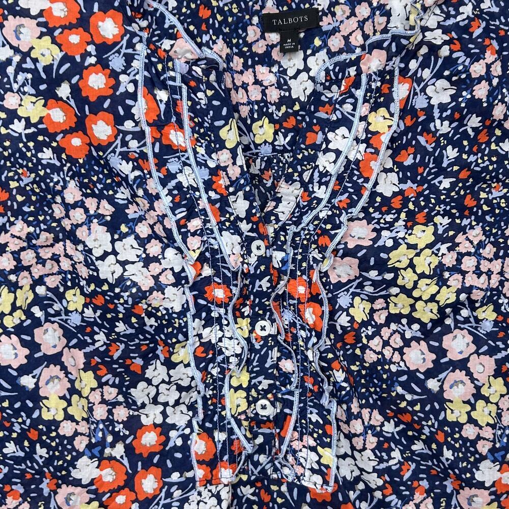 Talbots Floral Print Short Sleeve Blouse Size M Ruffle Trim Smocking - Picture 4 of 9